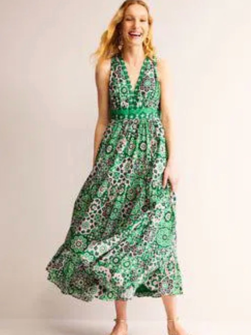BODEN • NWT cotton maxi tie neck tank dress - 8 petite green white - Picture 2 of 12